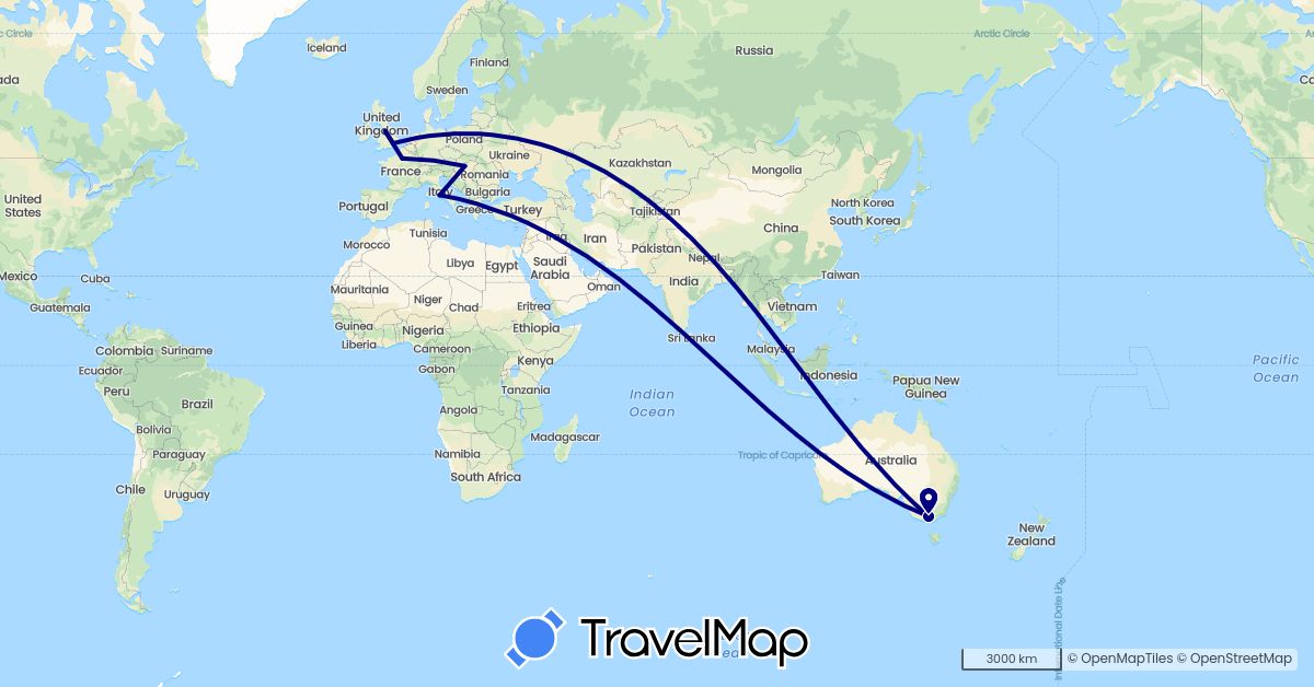 TravelMap itinerary: driving in Australia, France, United Kingdom, Hungary, Italy (Europe, Oceania)